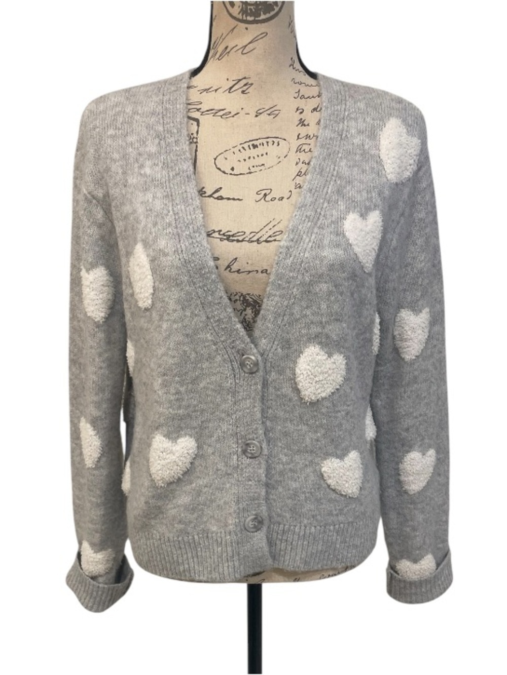 Cupcakes and Cashmere Gray Heart Cardigan Sweater Soft Cozy Knit Size M - Picture 4 of 12